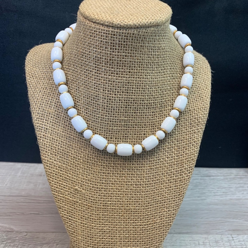 Vintage Trifari White Barrel Bead Necklace Gold Tone Spacers 16 Inch Choker